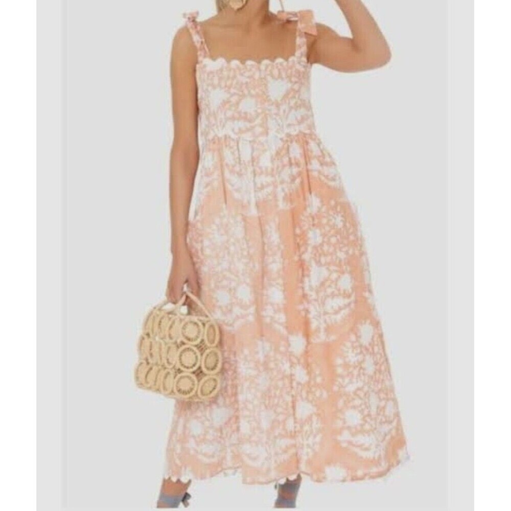 JULIET DUNN Palladio Jaipur Pink Ric Rac Trim Tie Shoulder Midi Dress sz1 4/6
